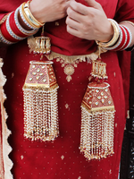 Golden Pink Indian Temple Inspired Haathphool Set, Indian Golden Kaleere Set, Layered Golden Kaleere Set, Rajsthani Kaleere Jewelry - Libasaa.com