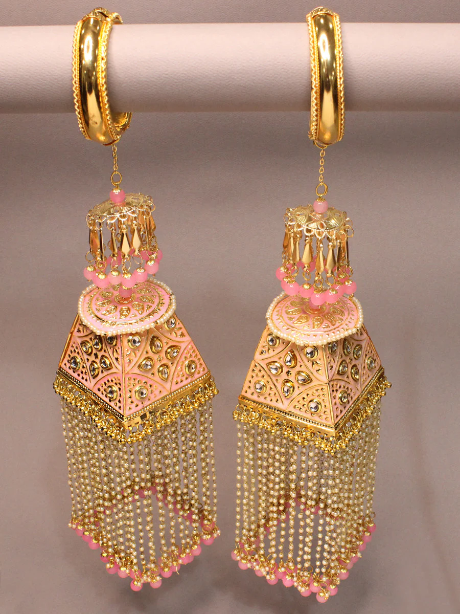 Golden Pink Indian Temple Inspired Haathphool Set, Indian Golden Kaleere Set, Layered Golden Kaleere Set, Rajsthani Kaleere Jewelry - Libasaa.com