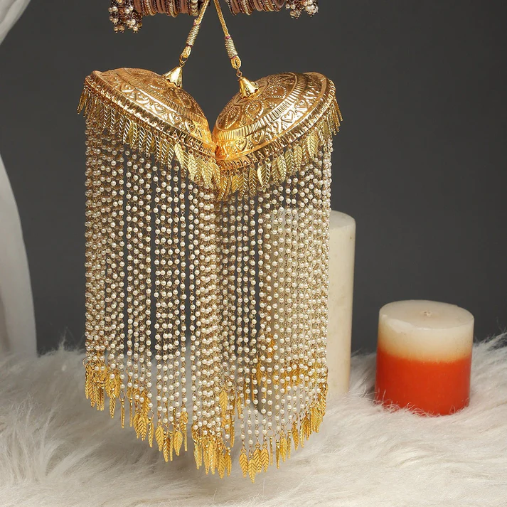 Vintage Golden Kaleere with Antique Pearl Tassels, Golden Layer Haathphool Set, Indian Kaleere Jewelry, Bollywood Kaleere - Libasaa.com