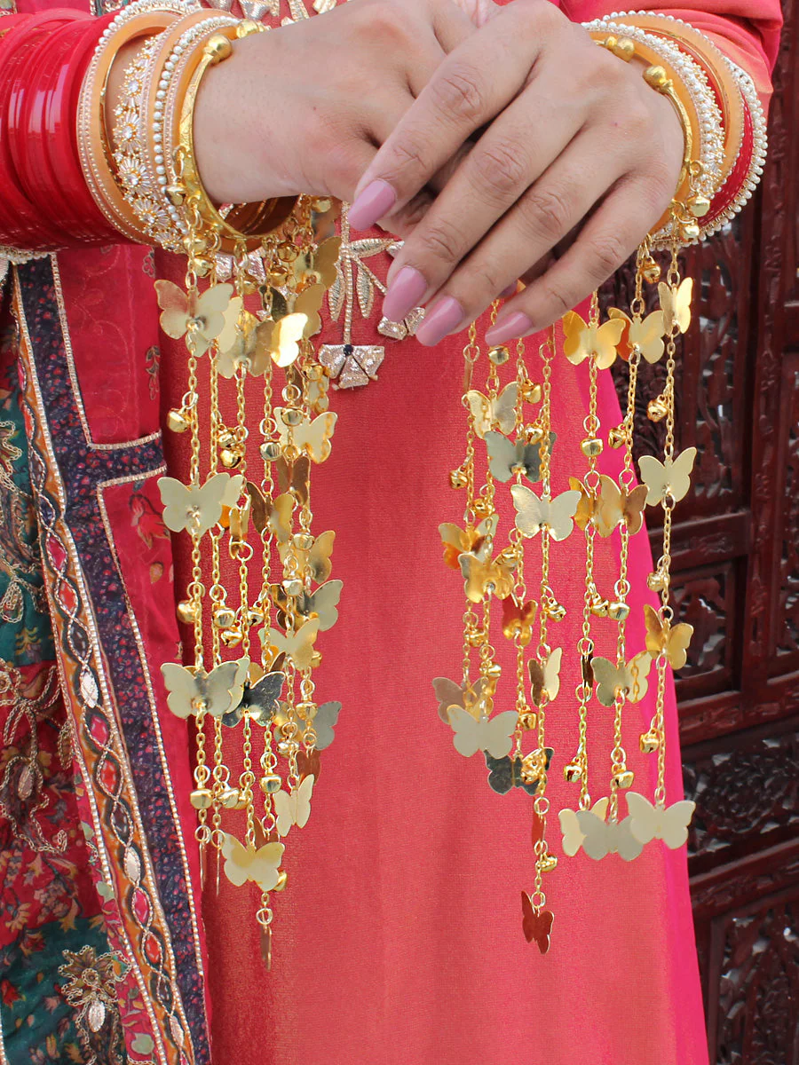Butterfly Inspired Layered Golden Indian Haathphool Kaleere Set, Multi Layer Butterfly Golden Kaleere, Indian Butterfly Haathphool Set - Libasaa.com