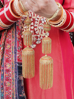 Dazzling Hanging Tassels Golden Kalire Jewelry Set, Indian Bridal Golden Kalire Set, Bollywood Golden Tassel Kalire, Pakistani Haathphool Set - Libasaa.com