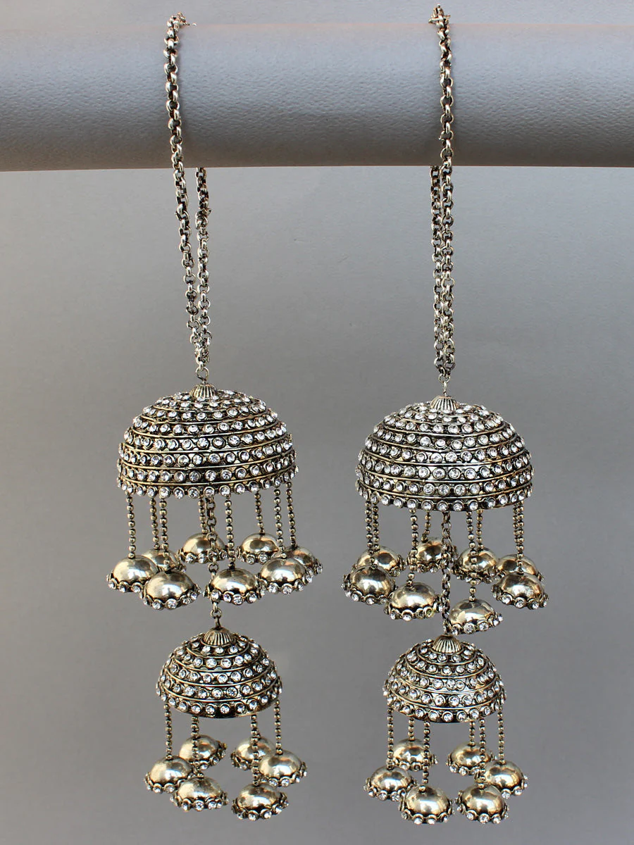 Indian Silver Jhumka Designed Bridal Kalire Set, Pakistani Jhumka Inspired Haathphool Set, Punjabi Kaleere Jewelry Set, Indian Kalire Set - Libasaa.com