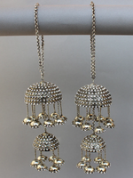 Indian Silver Jhumka Designed Bridal Kalire Set, Pakistani Jhumka Inspired Haathphool Set, Punjabi Kaleere Jewelry Set, Indian Kalire Set - Libasaa.com