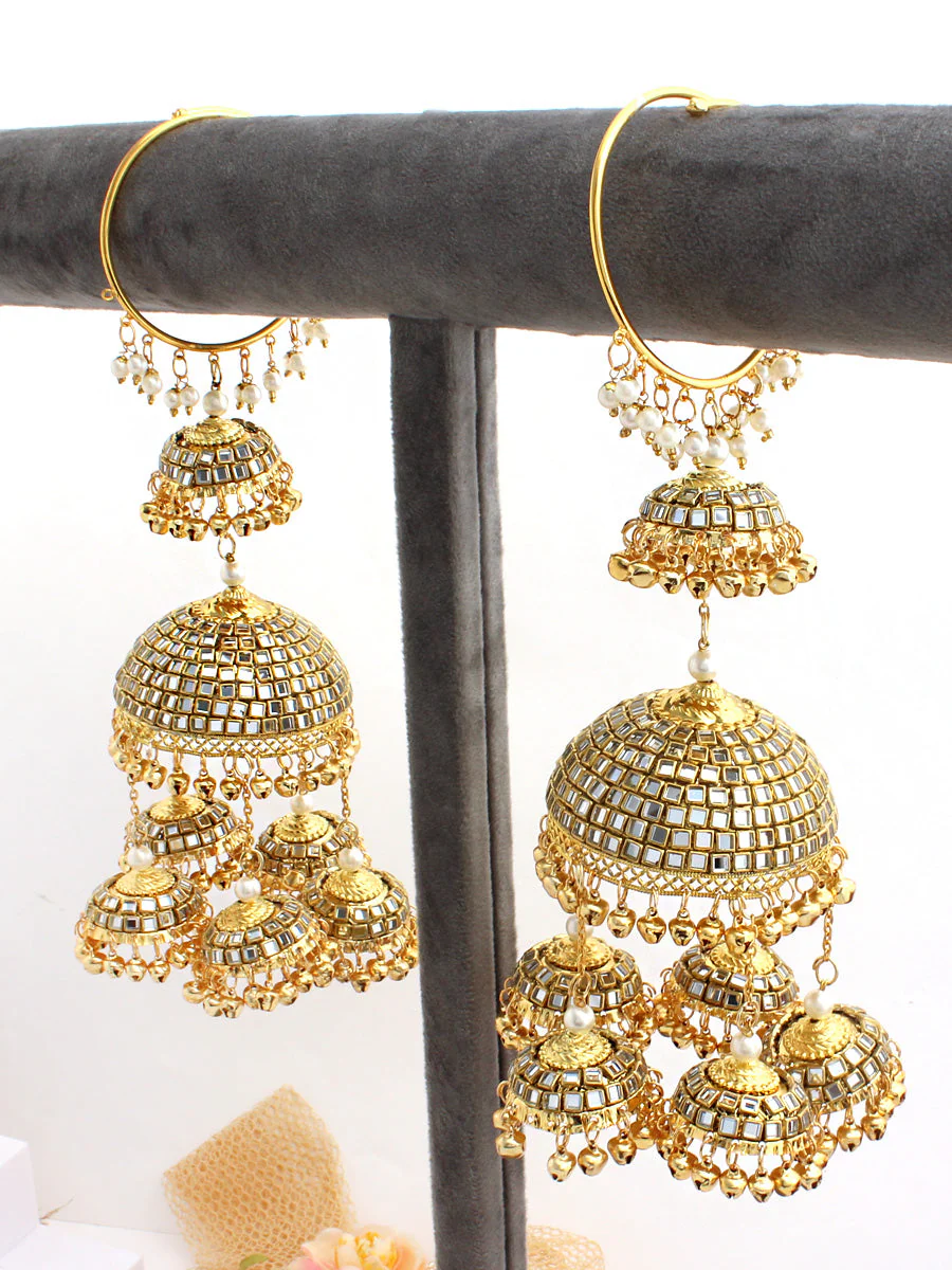 Multi Layer Mirror Worked Jhumki Design Kalire Jewelry, Mirror Multi Layered Haathphool Set, Indian Layer Golden Kaleere Set, Pakistani Golden Kaleere Set - Libasaa.com