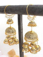 Multi Layer Mirror Worked Jhumki Design Kalire Jewelry, Mirror Multi Layered Haathphool Set, Indian Layer Golden Kaleere Set, Pakistani Golden Kaleere Set - Libasaa.com
