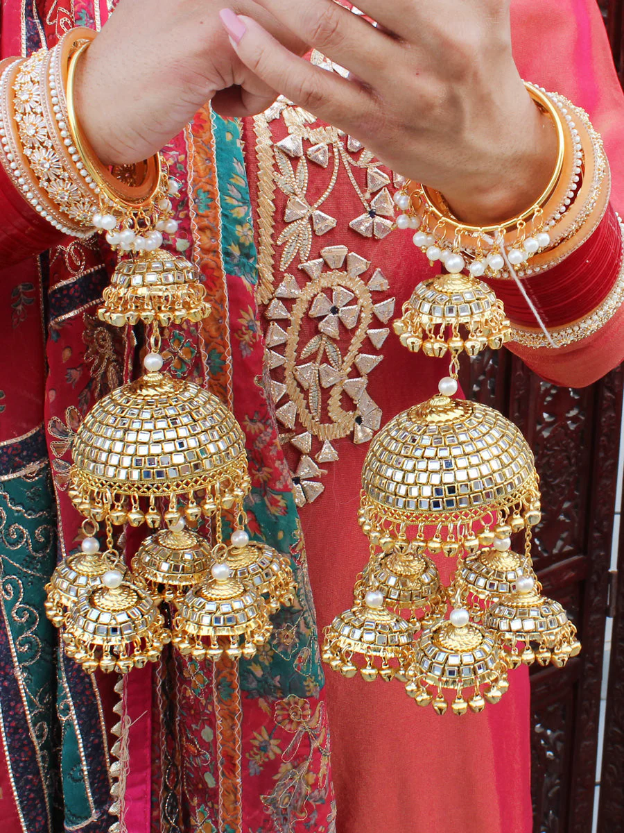 Multi Layer Mirror Worked Jhumki Design Kalire Jewelry, Mirror Multi Layered Haathphool Set, Indian Layer Golden Kaleere Set, Pakistani Golden Kaleere Set - Libasaa.com