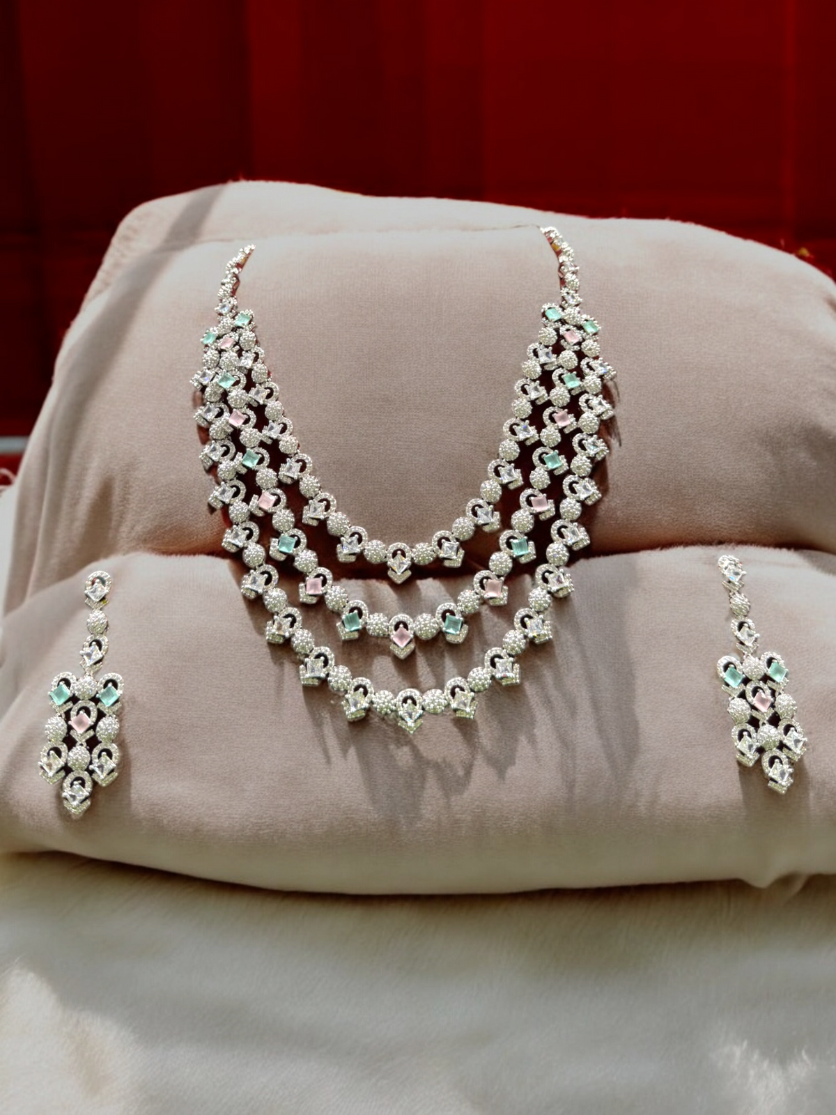 Pakistani Silver Tripple Layer Kundan Necklace Earrings Set, Pakistani Silver Multi Layer Pearl Necklace Set, Indian Silver Layered Kundan Jewelry Set, Rajsthani Kundan Necklace Set - Libasaa.com