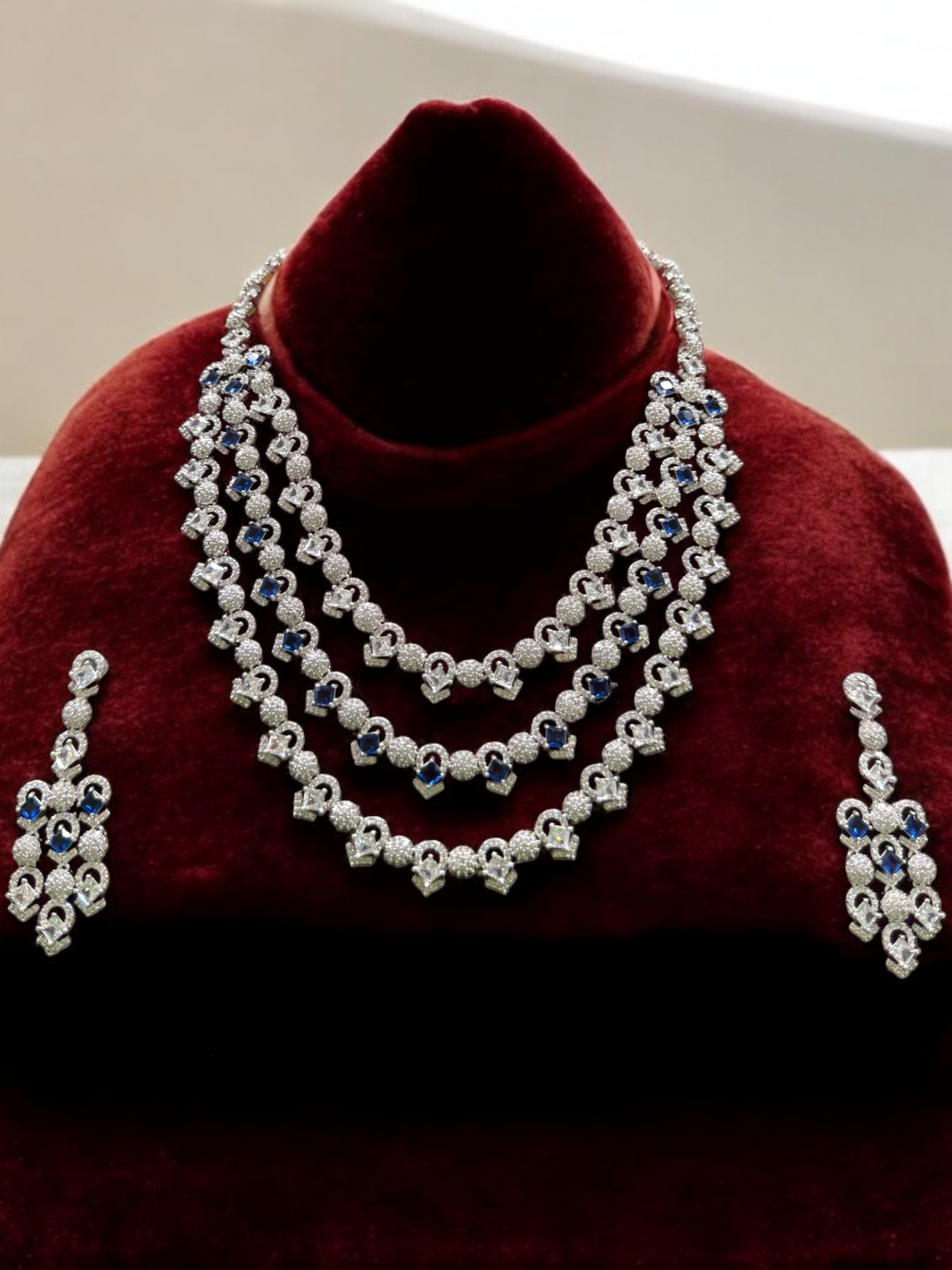 Pakistani Silver Tripple Layer Kundan Necklace Earrings Set, Pakistani Silver Multi Layer Pearl Necklace Set, Indian Silver Layered Kundan Jewelry Set, Rajsthani Kundan Necklace Set - Libasaa.com