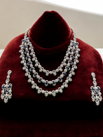 Pakistani Silver Tripple Layer Kundan Necklace Earrings Set, Pakistani Silver Multi Layer Pearl Necklace Set, Indian Silver Layered Kundan Jewelry Set, Rajsthani Kundan Necklace Set - Libasaa.com