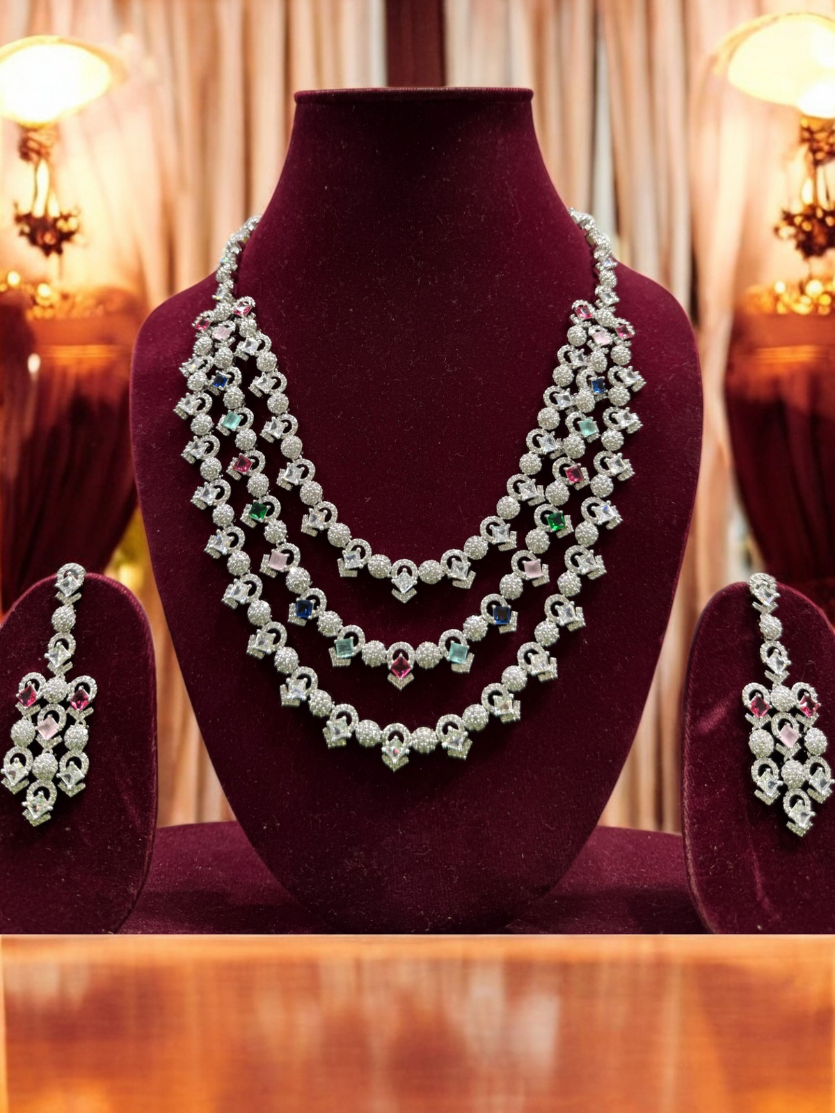 Pakistani Silver Tripple Layer Kundan Necklace Earrings Set, Pakistani Silver Multi Layer Pearl Necklace Set, Indian Silver Layered Kundan Jewelry Set, Rajsthani Kundan Necklace Set - Libasaa.com