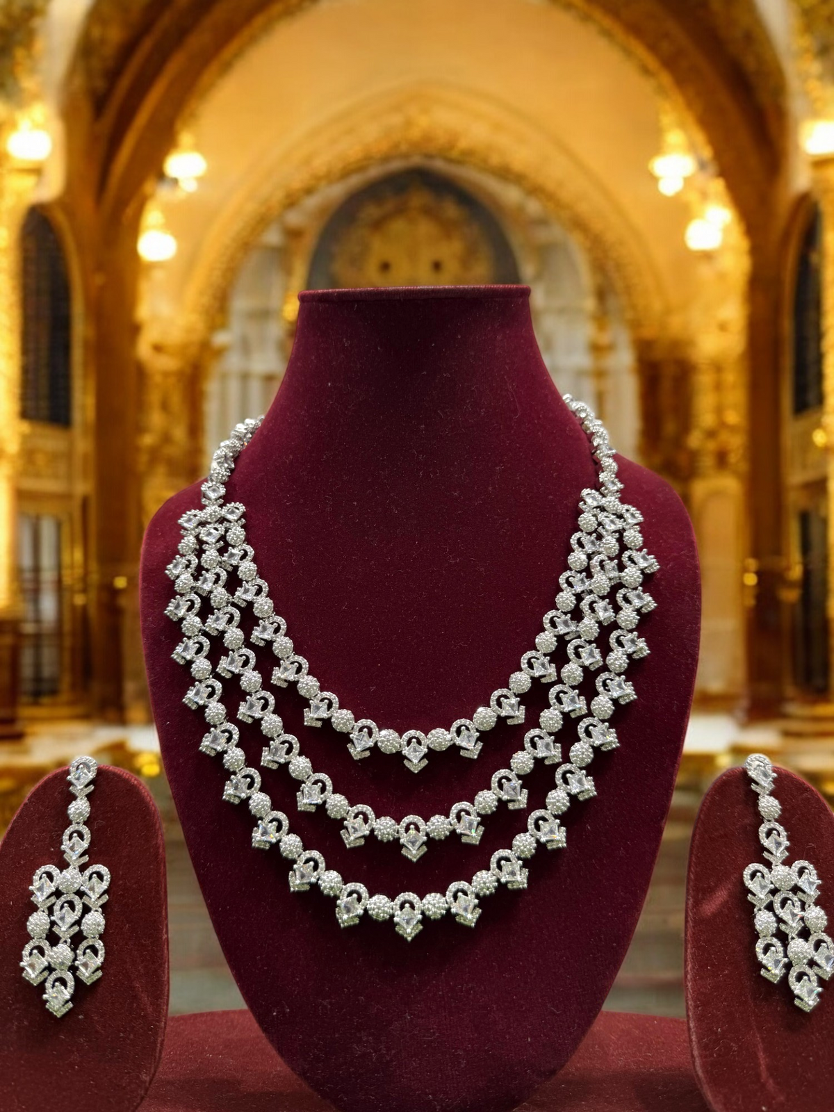 Pakistani Silver Tripple Layer Kundan Necklace Earrings Set, Pakistani Silver Multi Layer Pearl Necklace Set, Indian Silver Layered Kundan Jewelry Set, Rajsthani Kundan Necklace Set - Libasaa.com