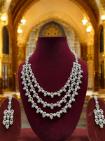 Pakistani Silver Tripple Layer Kundan Necklace Earrings Set, Pakistani Silver Multi Layer Pearl Necklace Set, Indian Silver Layered Kundan Jewelry Set, Rajsthani Kundan Necklace Set - Libasaa.com