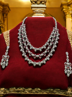 Pakistani Silver Tripple Layer Kundan Necklace Earrings Set, Pakistani Silver Multi Layer Pearl Necklace Set, Indian Silver Layered Kundan Jewelry Set, Rajsthani Kundan Necklace Set - Libasaa.com