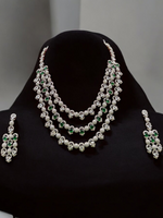 Pakistani Silver Tripple Layer Kundan Necklace Earrings Set, Pakistani Silver Multi Layer Pearl Necklace Set, Indian Silver Layered Kundan Jewelry Set, Rajsthani Kundan Necklace Set - Libasaa.com