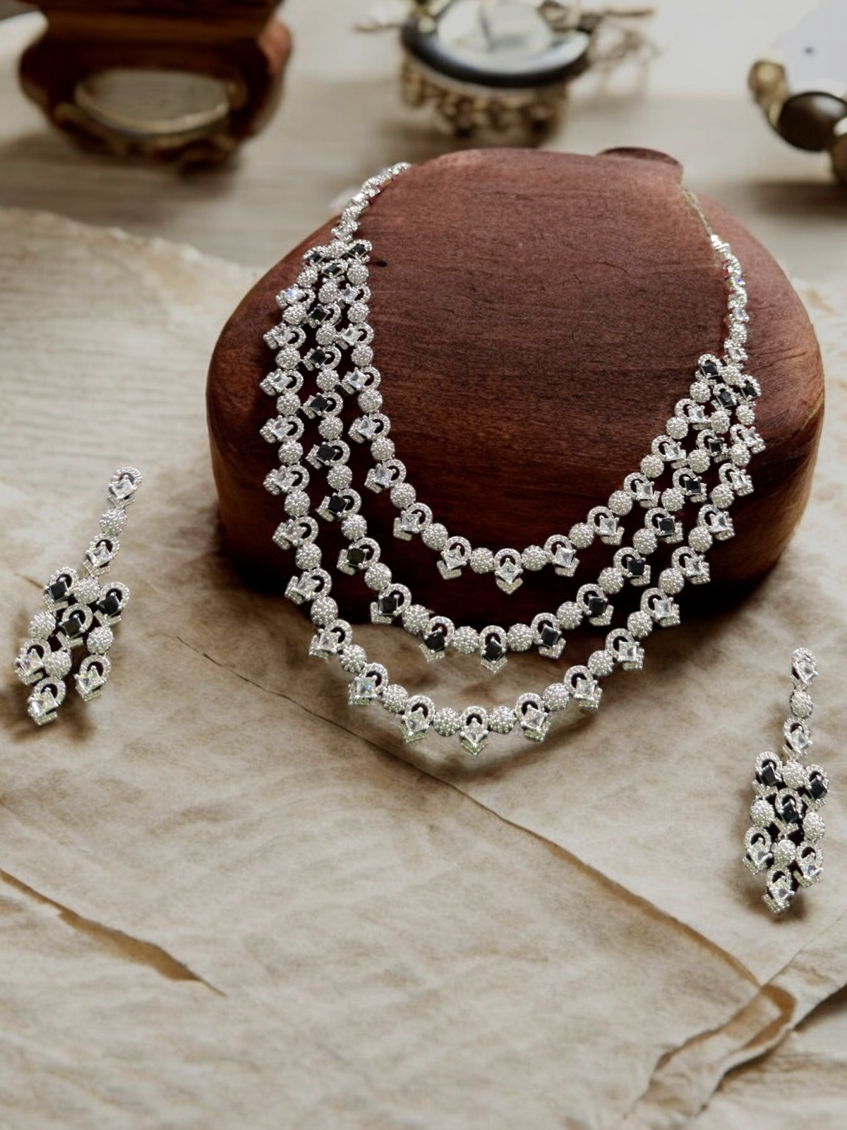 Pakistani Silver Tripple Layer Kundan Necklace Earrings Set, Pakistani Silver Multi Layer Pearl Necklace Set, Indian Silver Layered Kundan Jewelry Set, Rajsthani Kundan Necklace Set - Libasaa.com