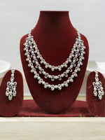 Pakistani Silver Tripple Layer Kundan Necklace Earrings Set, Pakistani Silver Multi Layer Pearl Necklace Set, Indian Silver Layered Kundan Jewelry Set, Rajsthani Kundan Necklace Set - Libasaa.com