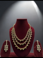 Rajsthani Golden Multi Layer Kundan Necklace Earrings Set, Jaipuri Golden Layered Pearl Necklace Set, Indian Gold Layered Kundan Jewelry Set, Indian Kundan Necklace Set - Libasaa.com
