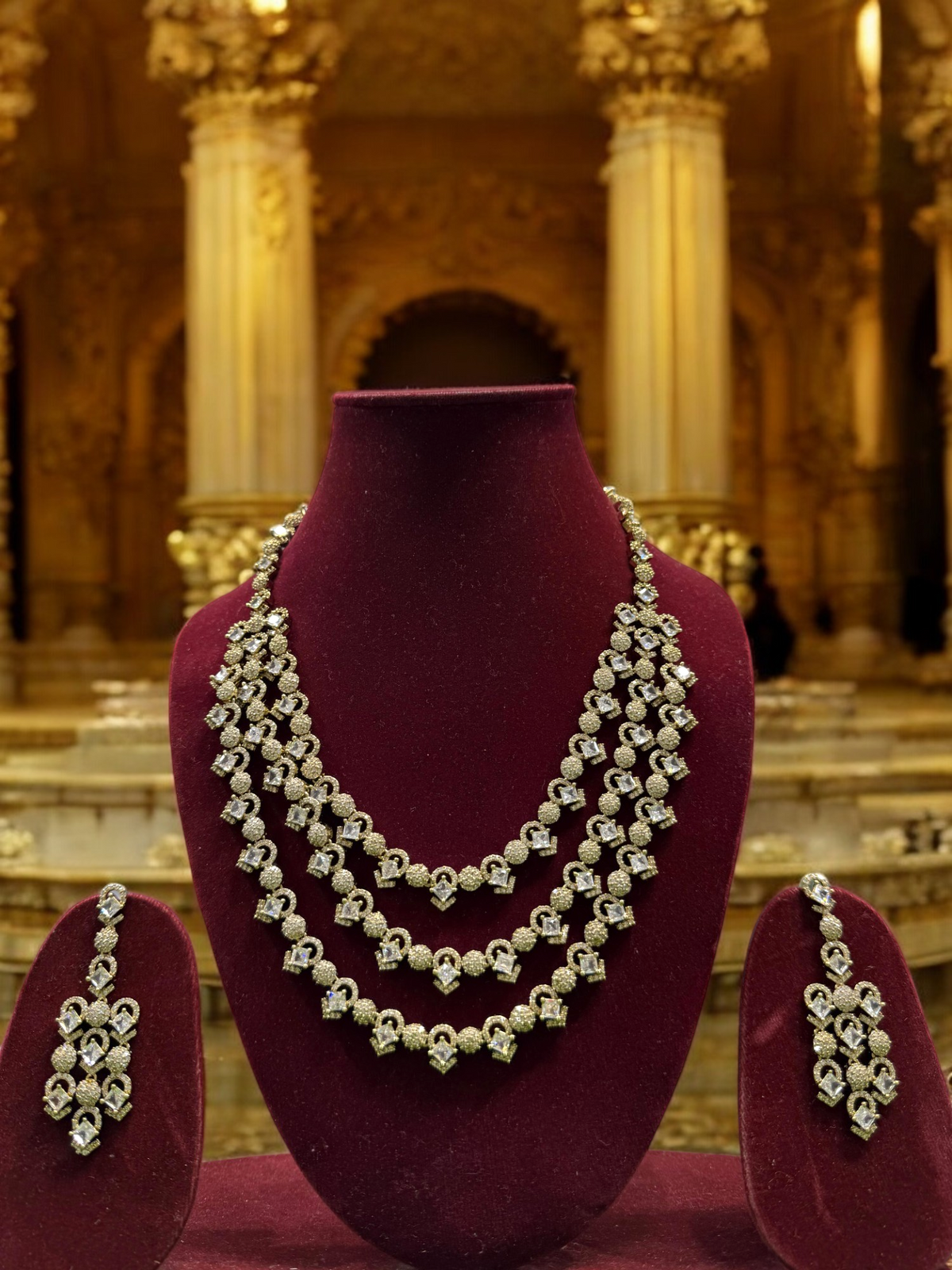 Rajsthani Golden Multi Layer Kundan Necklace Earrings Set, Jaipuri Golden Layered Pearl Necklace Set, Indian Gold Layered Kundan Jewelry Set, Indian Kundan Necklace Set - Libasaa.com