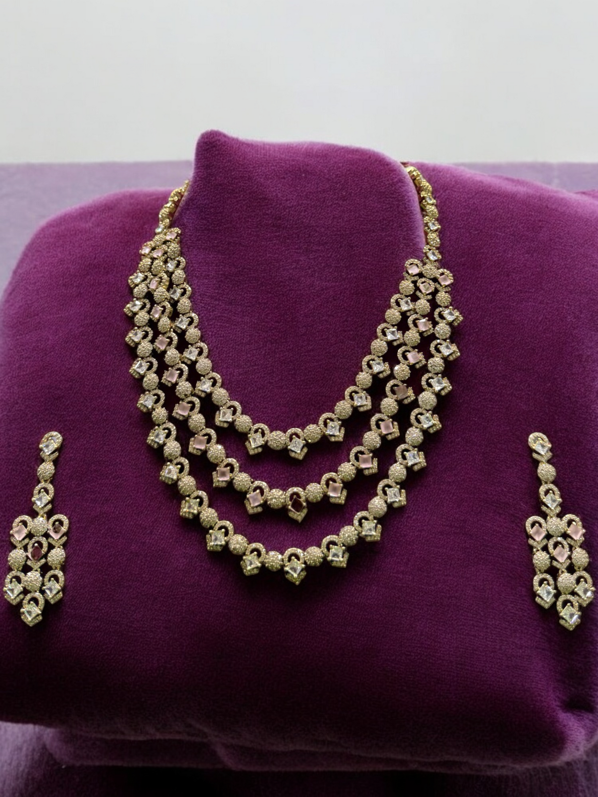 Rajsthani Golden Multi Layer Kundan Necklace Earrings Set, Jaipuri Golden Layered Pearl Necklace Set, Indian Gold Layered Kundan Jewelry Set, Indian Kundan Necklace Set - Libasaa.com