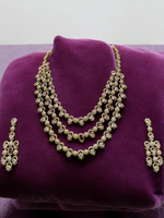 Rajsthani Golden Multi Layer Kundan Necklace Earrings Set, Jaipuri Golden Layered Pearl Necklace Set, Indian Gold Layered Kundan Jewelry Set, Indian Kundan Necklace Set - Libasaa.com