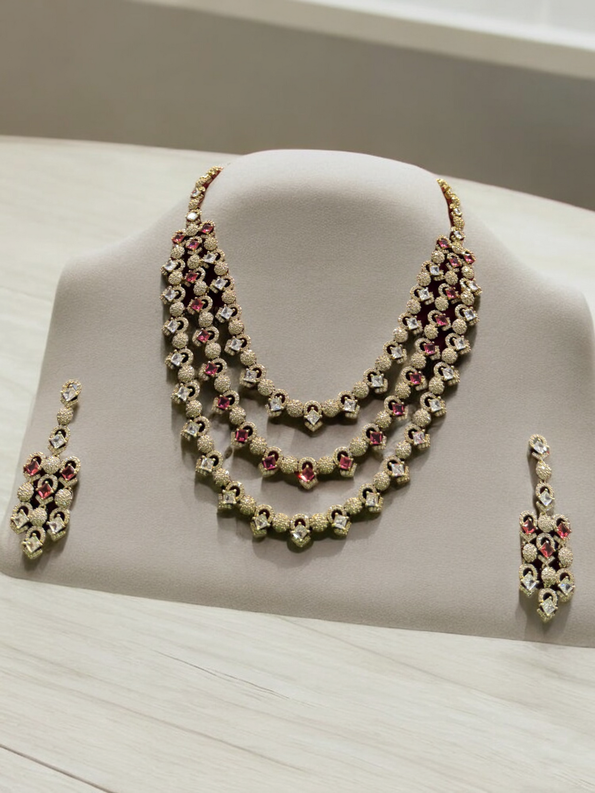 Rajsthani Golden Multi Layer Kundan Necklace Earrings Set, Jaipuri Golden Layered Pearl Necklace Set, Indian Gold Layered Kundan Jewelry Set, Indian Kundan Necklace Set - Libasaa.com