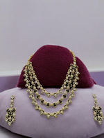 Rajsthani Golden Multi Layer Kundan Necklace Earrings Set, Jaipuri Golden Layered Pearl Necklace Set, Indian Gold Layered Kundan Jewelry Set, Indian Kundan Necklace Set - Libasaa.com