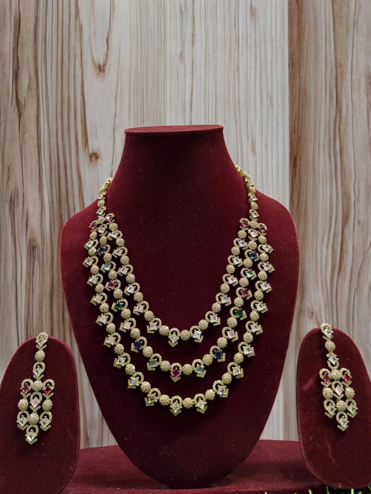 Rajsthani Golden Multi Layer Kundan Necklace Earrings Set, Jaipuri Golden Layered Pearl Necklace Set, Indian Gold Layered Kundan Jewelry Set, Indian Kundan Necklace Set - Libasaa.com