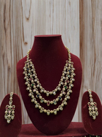 Rajsthani Golden Multi Layer Kundan Necklace Earrings Set, Jaipuri Golden Layered Pearl Necklace Set, Indian Gold Layered Kundan Jewelry Set, Indian Kundan Necklace Set - Libasaa.com