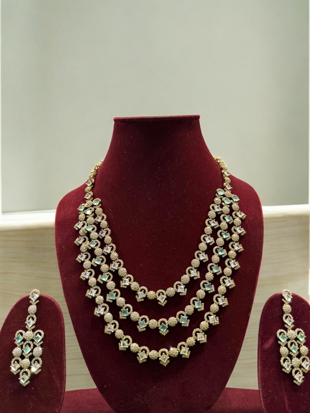 Rajsthani Golden Multi Layer Kundan Necklace Earrings Set, Jaipuri Golden Layered Pearl Necklace Set, Indian Gold Layered Kundan Jewelry Set, Indian Kundan Necklace Set - Libasaa.com