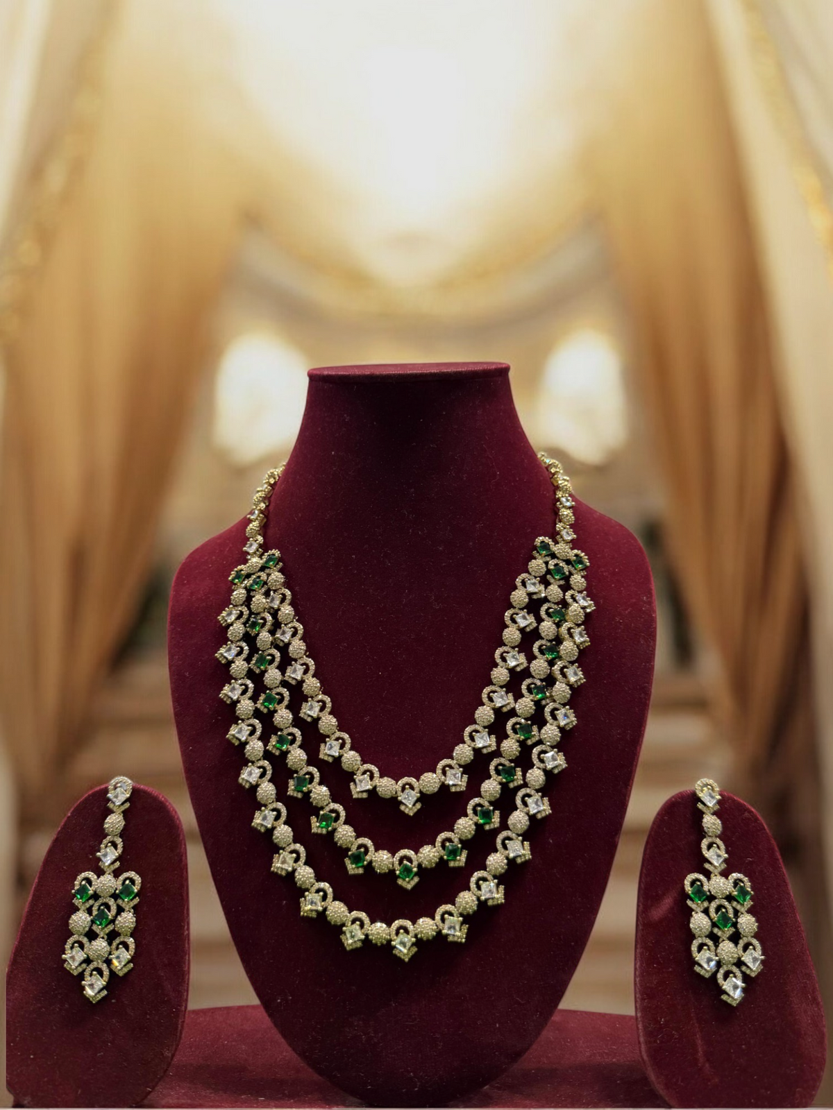 Rajsthani Golden Multi Layer Kundan Necklace Earrings Set, Jaipuri Golden Layered Pearl Necklace Set, Indian Gold Layered Kundan Jewelry Set, Indian Kundan Necklace Set - Libasaa.com