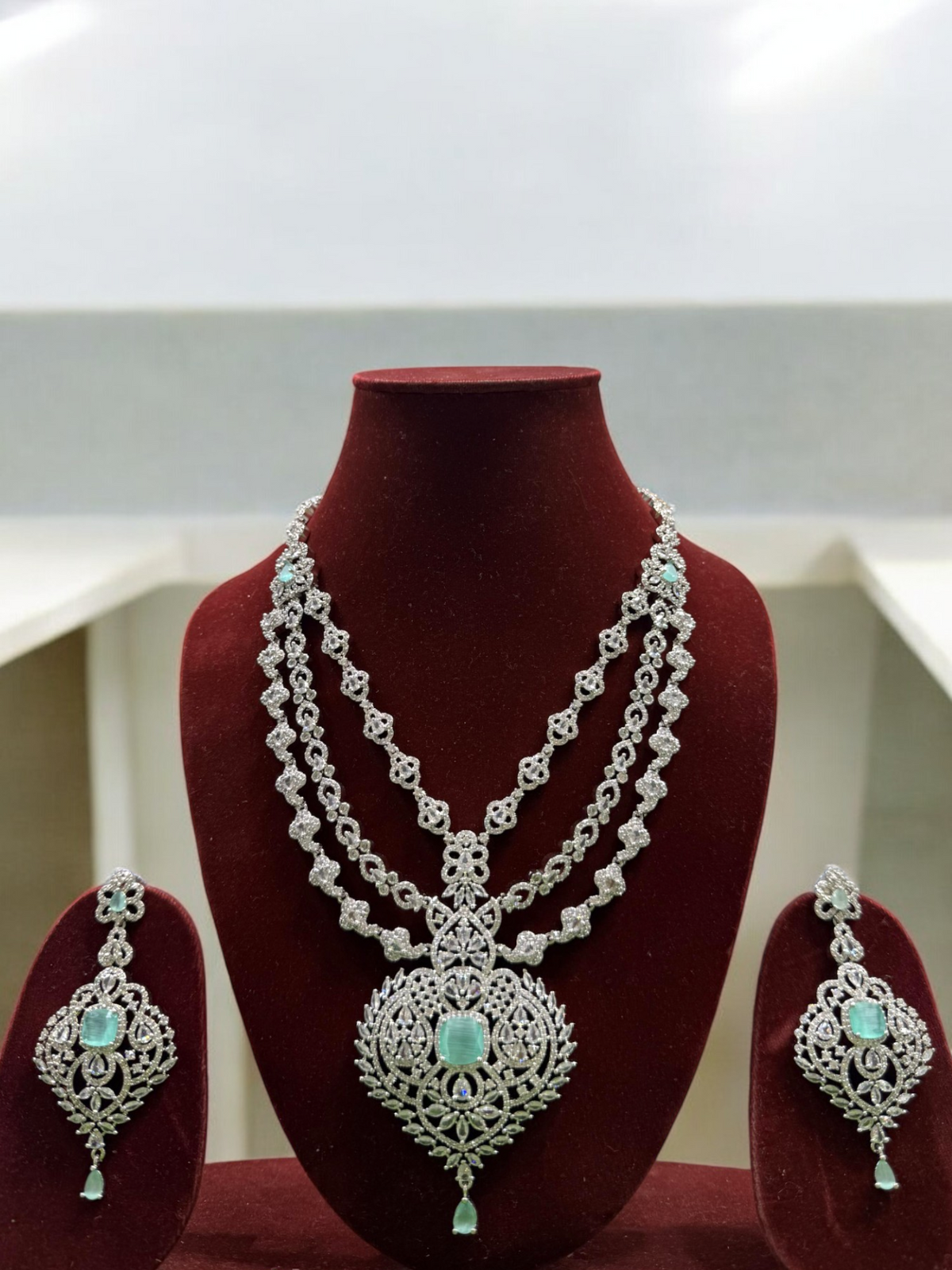 Three Layered Indian Sparkling AD Necklace Earring Set, CZ Layer Necklace Set, Multi Layer AD Jaipuri Necklace Jewelry Set, CZ Layer Jewelry Set - Libasaa.com