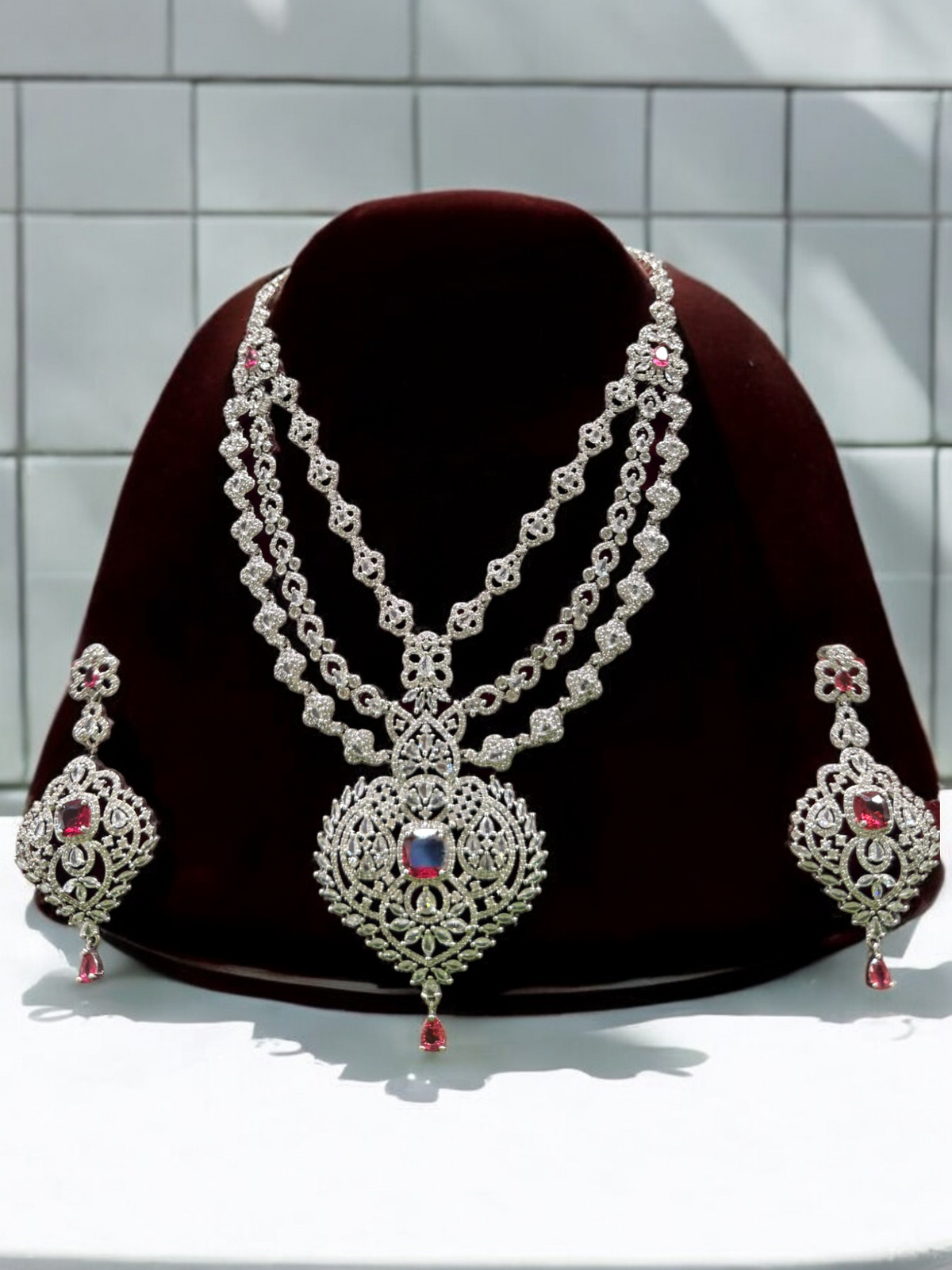 Three Layered Indian Sparkling AD Necklace Earring Set, CZ Layer Necklace Set, Multi Layer AD Jaipuri Necklace Jewelry Set, CZ Layer Jewelry Set - Libasaa.com