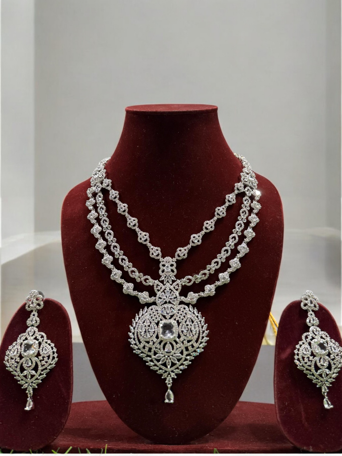 Three Layered Indian Sparkling AD Necklace Earring Set, CZ Layer Necklace Set, Multi Layer AD Jaipuri Necklace Jewelry Set, CZ Layer Jewelry Set - Libasaa.com