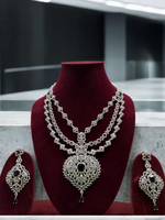 Three Layered Indian Sparkling AD Necklace Earring Set, CZ Layer Necklace Set, Multi Layer AD Jaipuri Necklace Jewelry Set, CZ Layer Jewelry Set - Libasaa.com