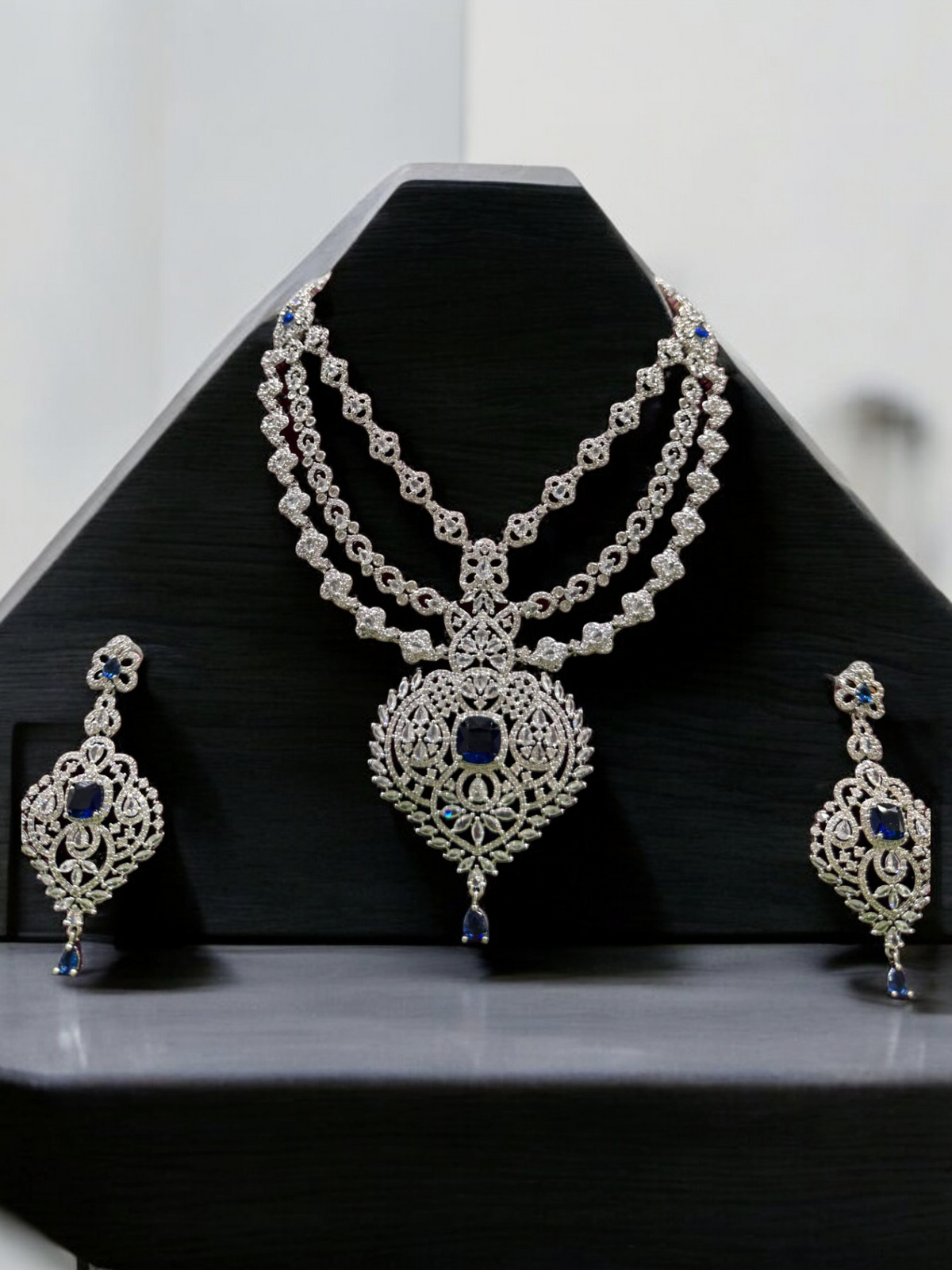 Three Layered Indian Sparkling AD Necklace Earring Set, CZ Layer Necklace Set, Multi Layer AD Jaipuri Necklace Jewelry Set, CZ Layer Jewelry Set - Libasaa.com