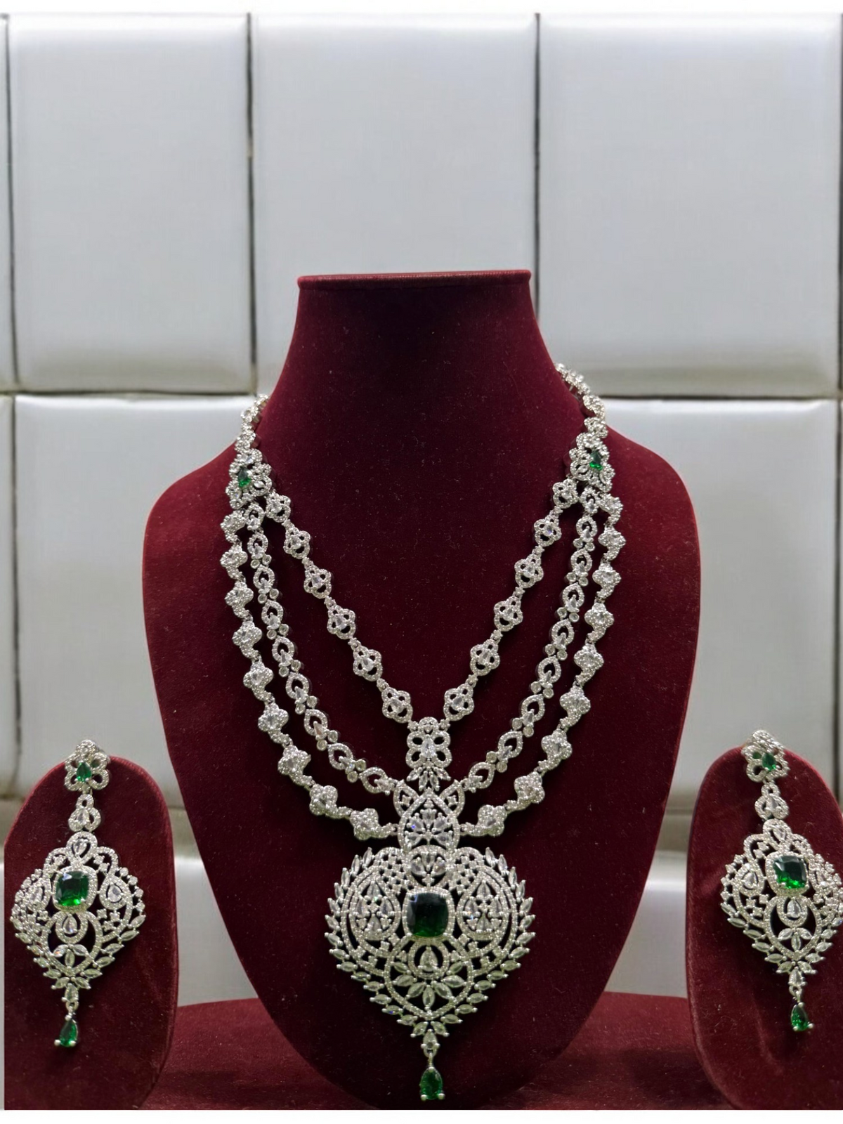Three Layered Indian Sparkling AD Necklace Earring Set, CZ Layer Necklace Set, Multi Layer AD Jaipuri Necklace Jewelry Set, CZ Layer Jewelry Set - Libasaa.com