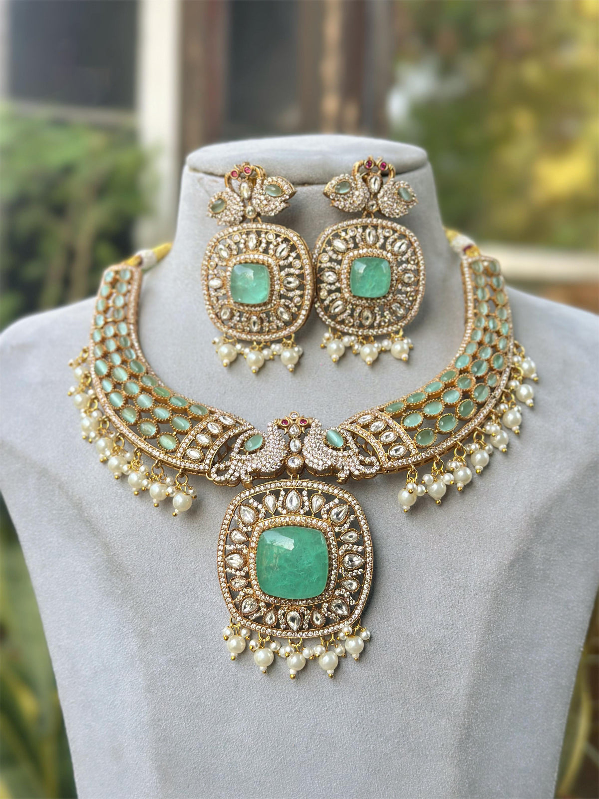 Jaipuri Moissanite Polki With Doublett Stones Necklace Earrings Set, Jaipuri Peacock Inspired Polki Necklace Set, Rajsthani Peacock Design Jewelry Set - Libasaa.com