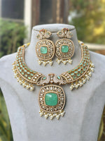 Jaipuri Moissanite Polki With Doublett Stones Necklace Earrings Set, Jaipuri Peacock Inspired Polki Necklace Set, Rajsthani Peacock Design Jewelry Set - Libasaa.com