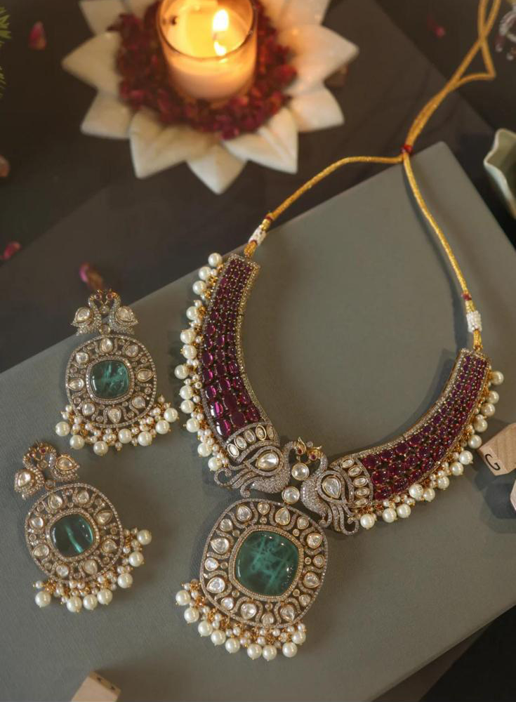 Jaipuri Moissanite Polki With Doublett Stones Necklace Earrings Set, Jaipuri Peacock Inspired Polki Necklace Set, Rajsthani Peacock Design Jewelry Set - Libasaa.com