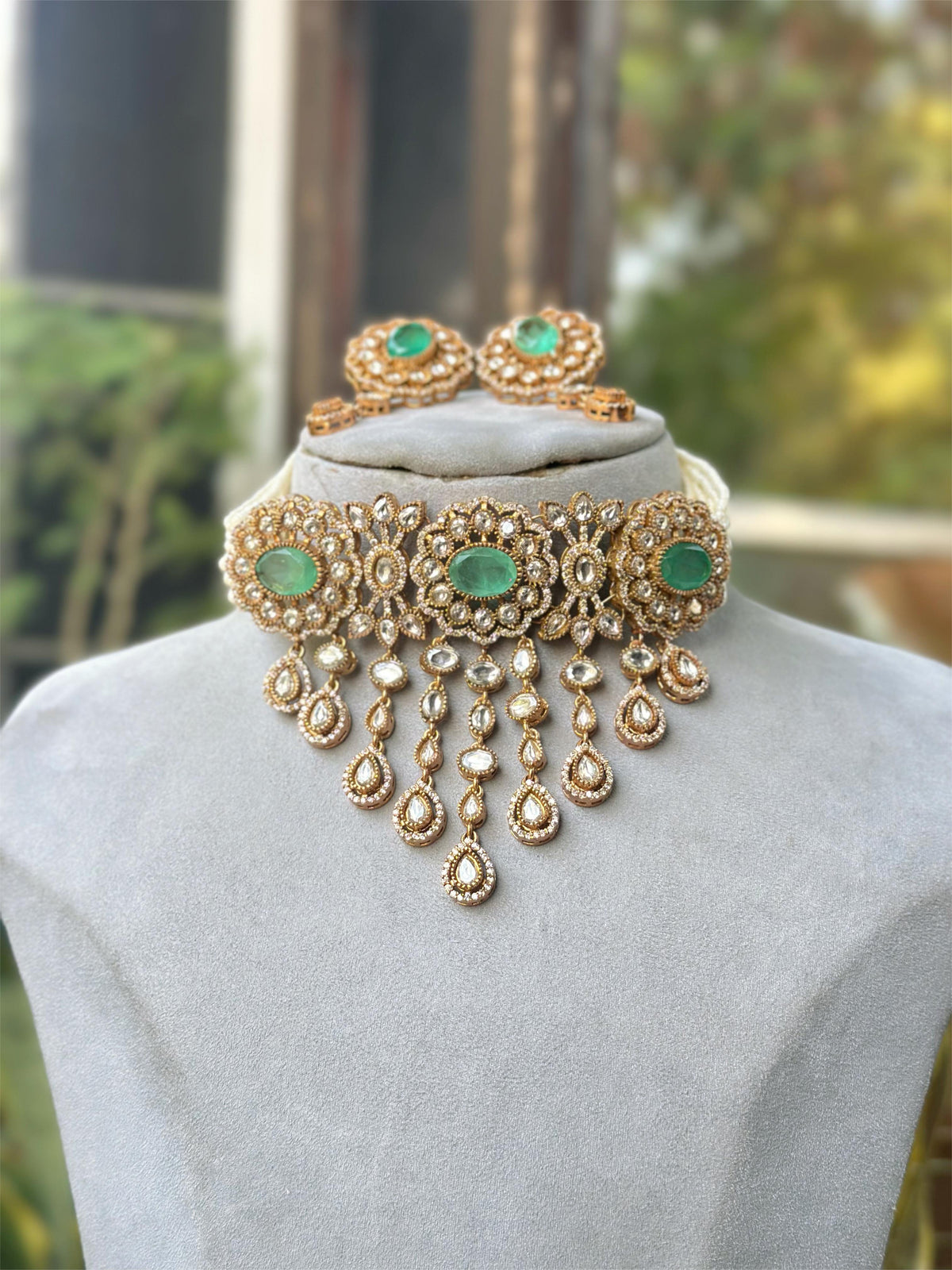 Rajsthani Ethic Polki Choker Earrings Indian Jewelry Set, Indian Polki Choker Set, Bollywood Polki Jewelry Set, Punjabi Polki Choker Set - Libasaa.com