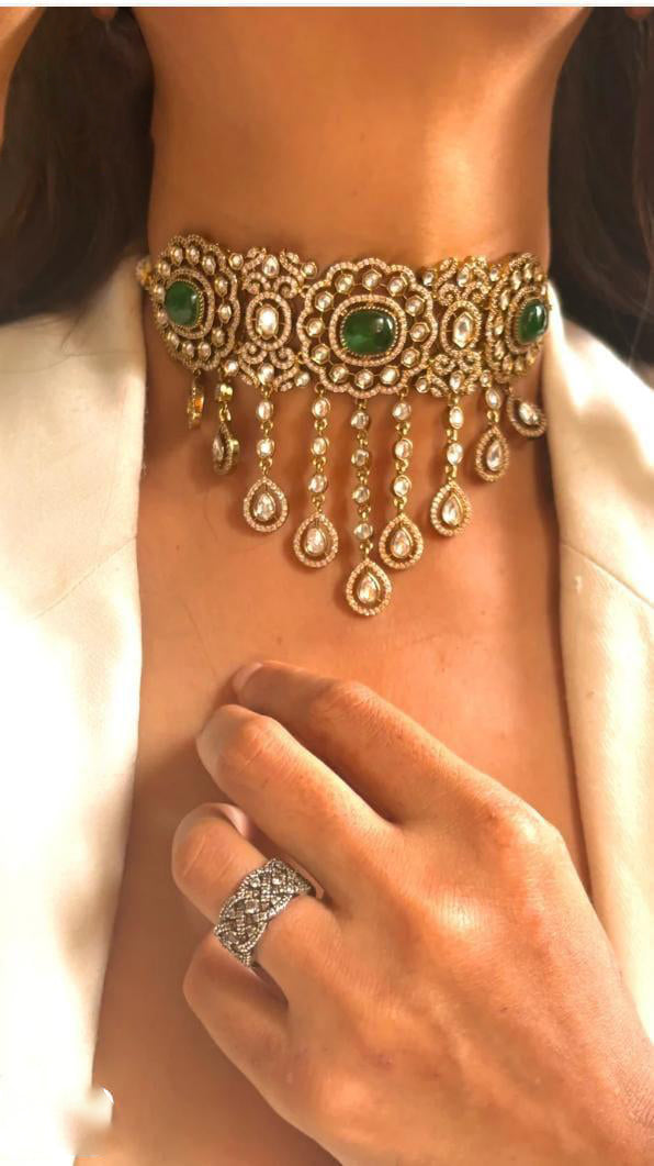 Rajsthani Ethic Polki Choker Earrings Indian Jewelry Set, Indian Polki Choker Set, Bollywood Polki Jewelry Set, Punjabi Polki Choker Set - Libasaa.com