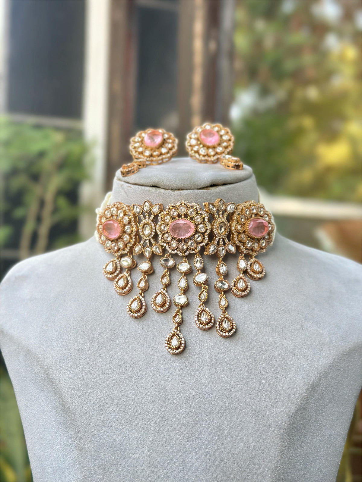 Rajsthani Ethic Polki Choker Earrings Indian Jewelry Set, Indian Polki Choker Set, Bollywood Polki Jewelry Set, Punjabi Polki Choker Set - Libasaa.com