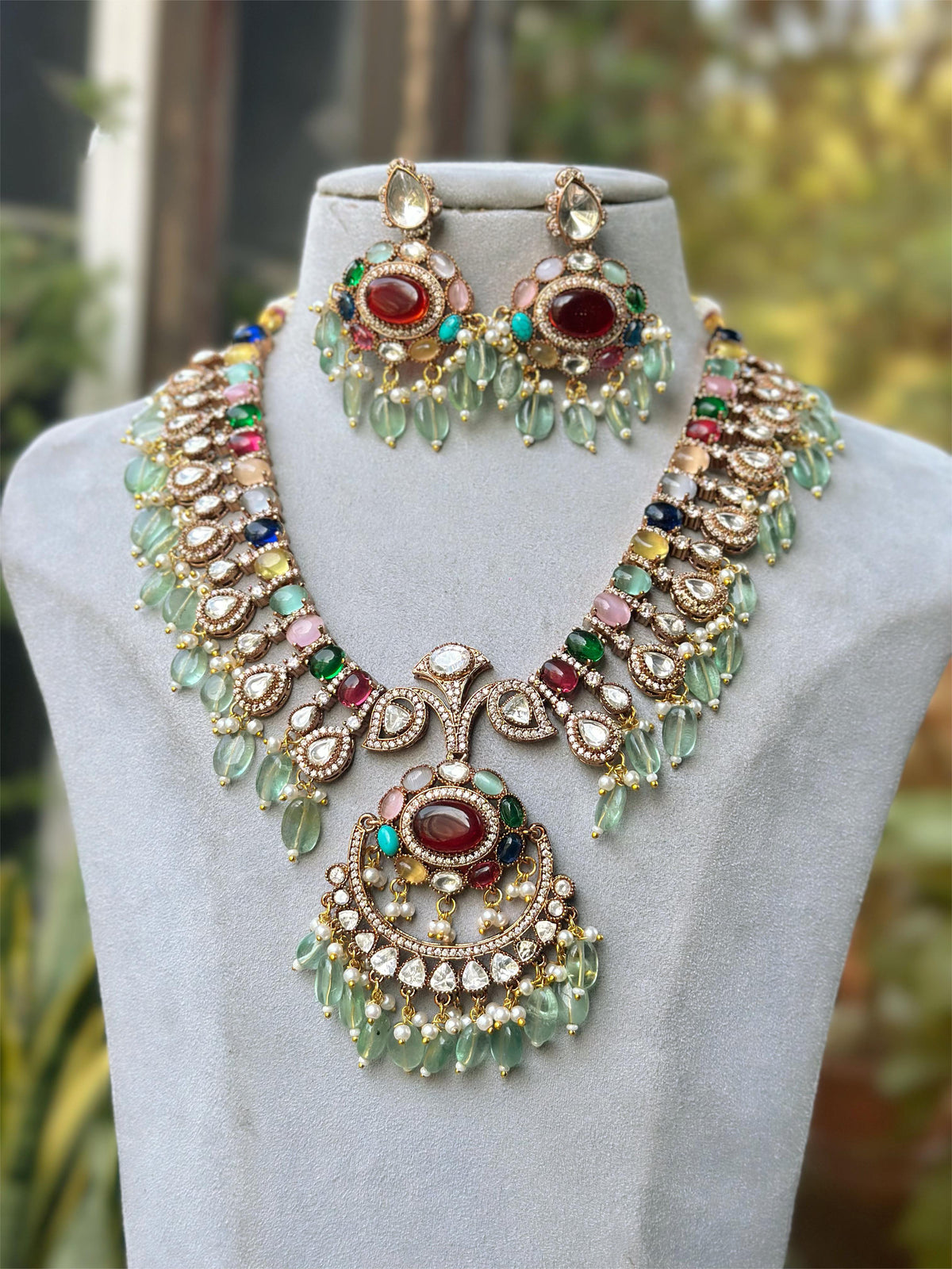 Indian Meenakari Designed Polki Necklace Earrings Set, Pakistani Traditional Polki Necklace Set, JaipuriMeenakari Jewelry Set - Libasaa.com