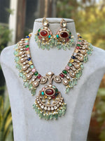 Indian Meenakari Designed Polki Necklace Earrings Set, Pakistani Traditional Polki Necklace Set, JaipuriMeenakari Jewelry Set - Libasaa.com