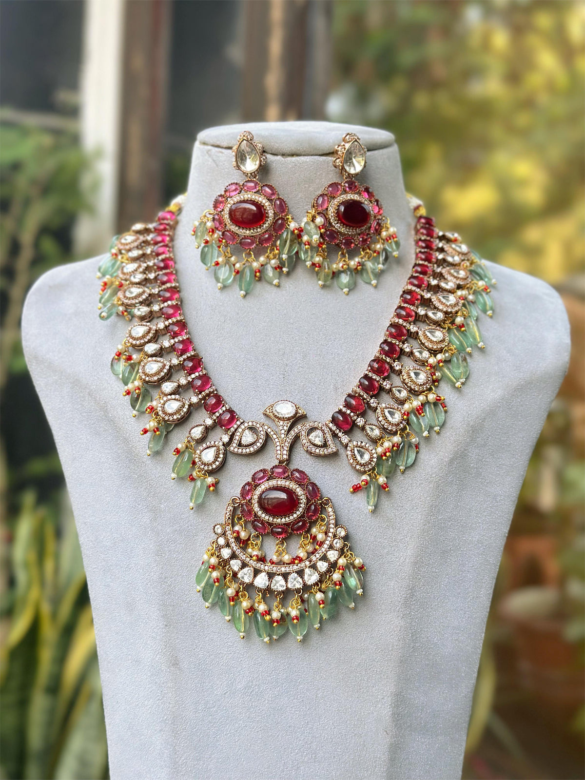 Indian Meenakari Designed Polki Necklace Earrings Set, Pakistani Traditional Polki Necklace Set, JaipuriMeenakari Jewelry Set - Libasaa.com