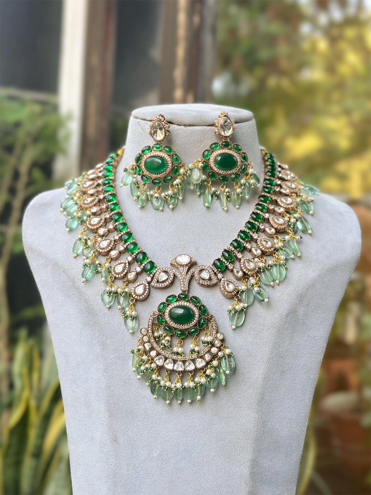Indian Meenakari Designed Polki Necklace Earrings Set, Pakistani Traditional Polki Necklace Set, JaipuriMeenakari Jewelry Set - Libasaa.com