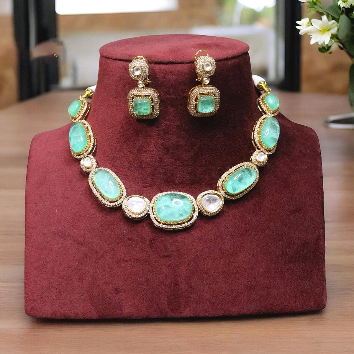 Madhuri Dixit Inspired Mint Polki Necklace Earrings Set - Libasaa.com
