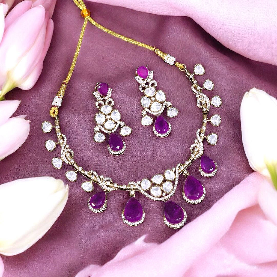 Celebrities Inspired American Diamond Bridal Necklace Earrings Set - Libasaa.com