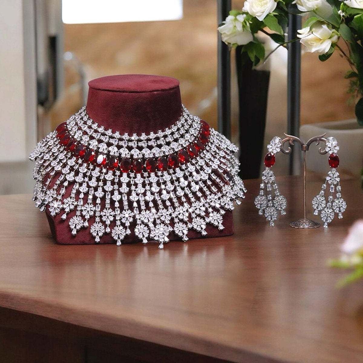 Multi Layer Ethnic Design Bridal Choker Earrings Set - Libasaa.com