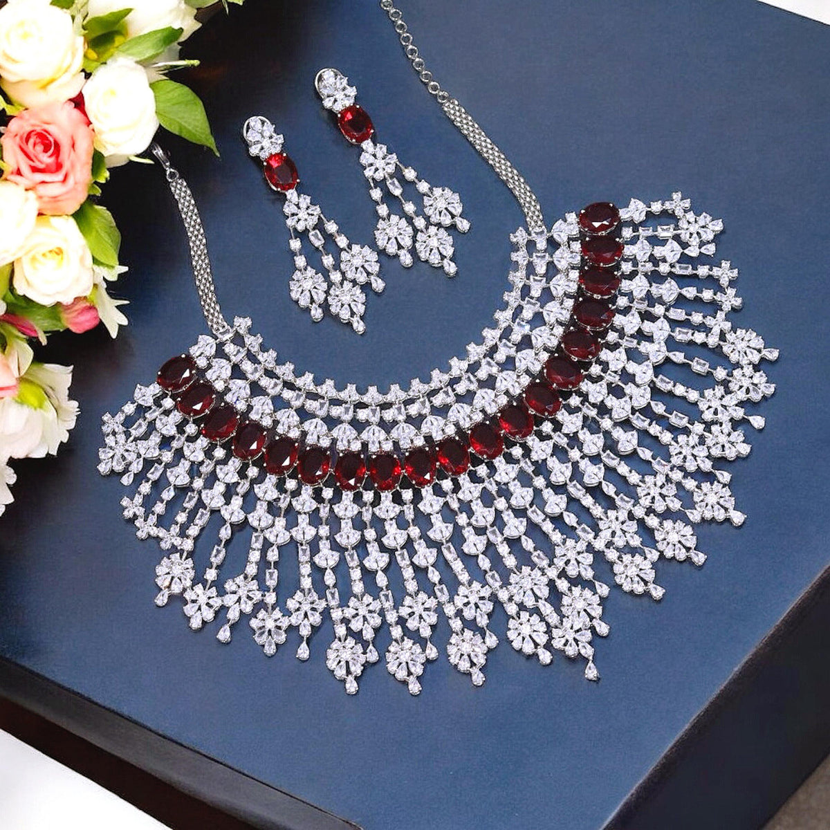 Multi Layer Ethnic Design Bridal Choker Earrings Set - Libasaa.com